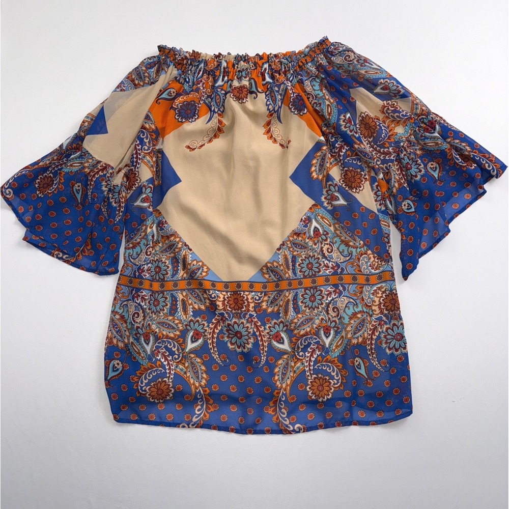 Black Bead USA Off Shoulder Top Paisley‎ Print Bell Sleeve Blouse Small